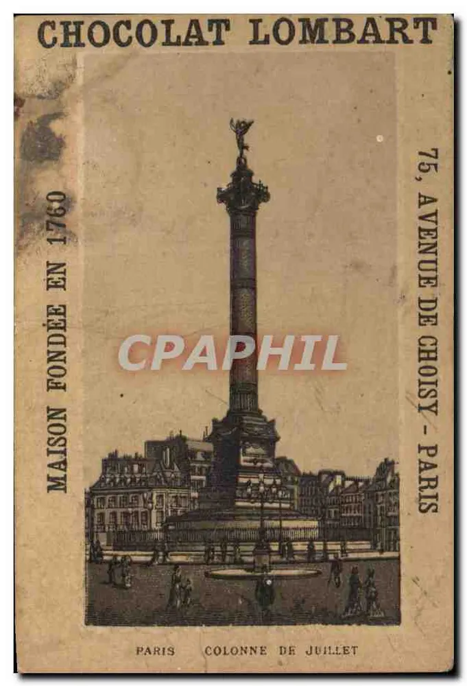 Colonne de Juillet — Paris — Chocolat Lombart, éditeur imprimeur sur la carte - Recto