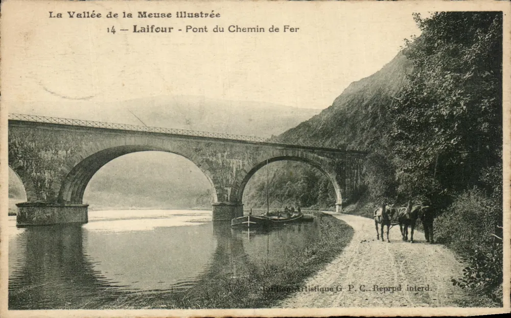 Die Meuse-Tal illustriert — 14 — Laifcour - Eisenbahnbrücke — Künstlerische Ausgabe G. P. C. Nachdruck verboten - Vorderseite
