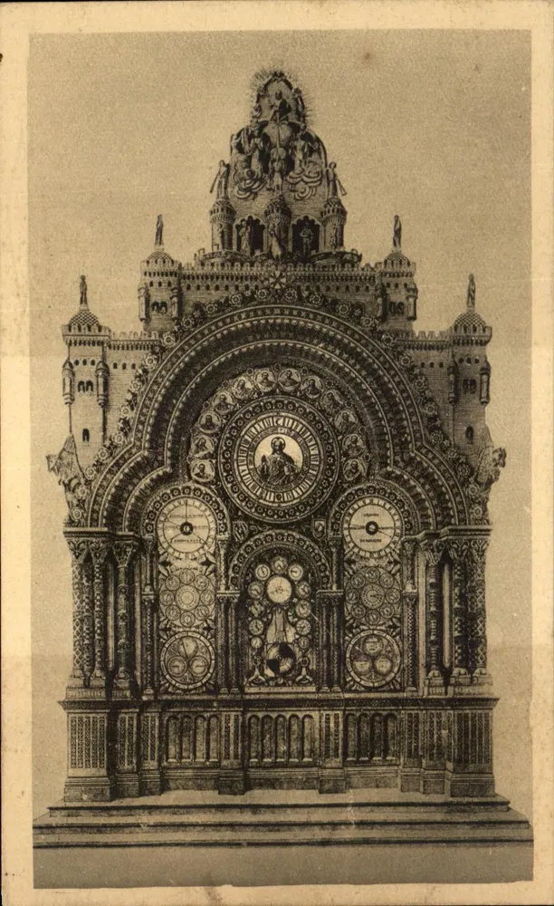 Beauvais — Relógio astronômico do relógio de Beauvais Vérité — (1866, Segundo Império) este mostrador indicando as horas, os dias, as semanas e os meses, os nasceres e pôr do sol, as fases da lua e as marés, etc. 90.000 peças, 50 personagens animados - M. G. - Frente