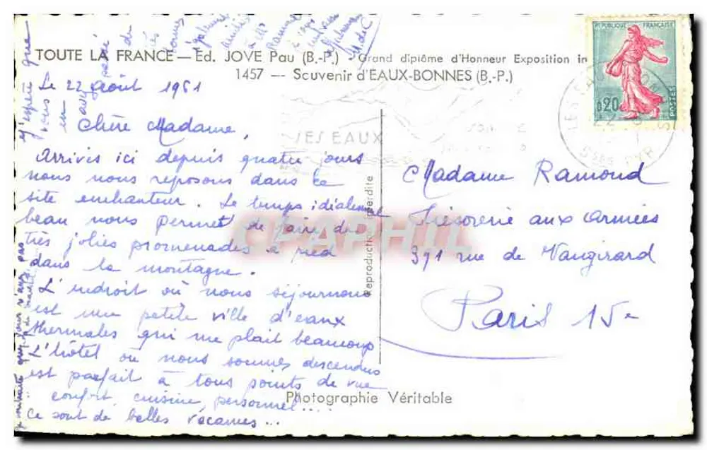 Eaux-Bonnes — vista panorâmica e vista da cidade — Éd. JOVE Pau (B.P.) - Verso
