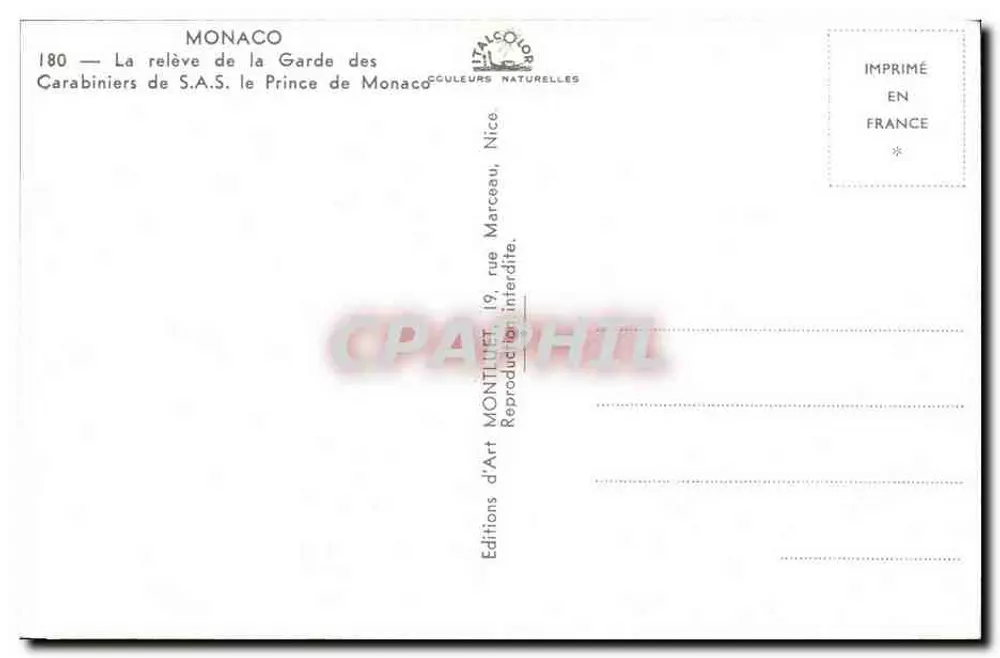 Monaco — Die Wacheübergabe der Carabinieri von H.H. dem Prinzen von Monaco — Éditions d'Art Montluet, Nice - Rückseite