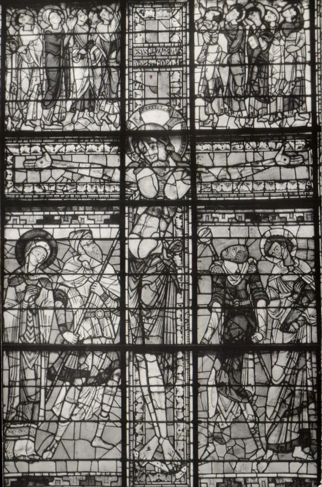 Foix — Catedral — Vidraça representando a Crucificação e os santos - Frente