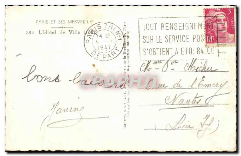 Hôtel de Ville de Paris — Panoramablick — Éditions de l'Art C.U.V. n°383 - Rückseite