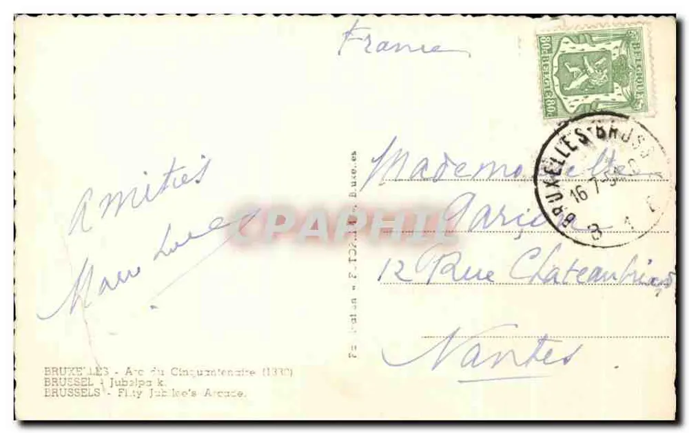 Bruselas - Arco del Cinquantenario — editor F. T. D. Bruselas (n° 1130) - Reverso
