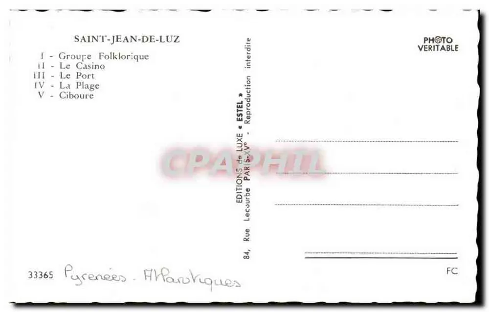 Saint-Jean-de-Luz — Lembrança — Edições Lecourbe - Verso