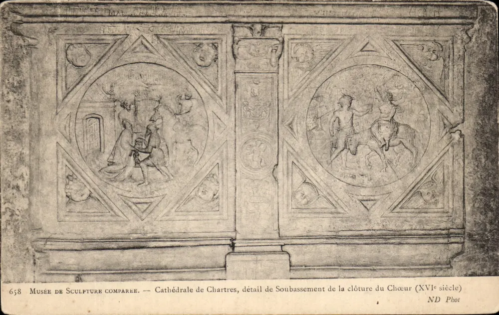 Kathedrale von Chartres — Detail der Grundplatte der Chorbegrenzung (16. Jahrhundert) — Musée de Sculpture Comparée, ND Phot - Vorderseite