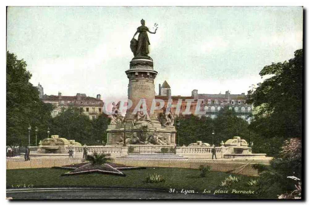 Lyon. A praça Perrache — Monument central com estátua e fontes — editor LYON & CO, n°31 - Frente