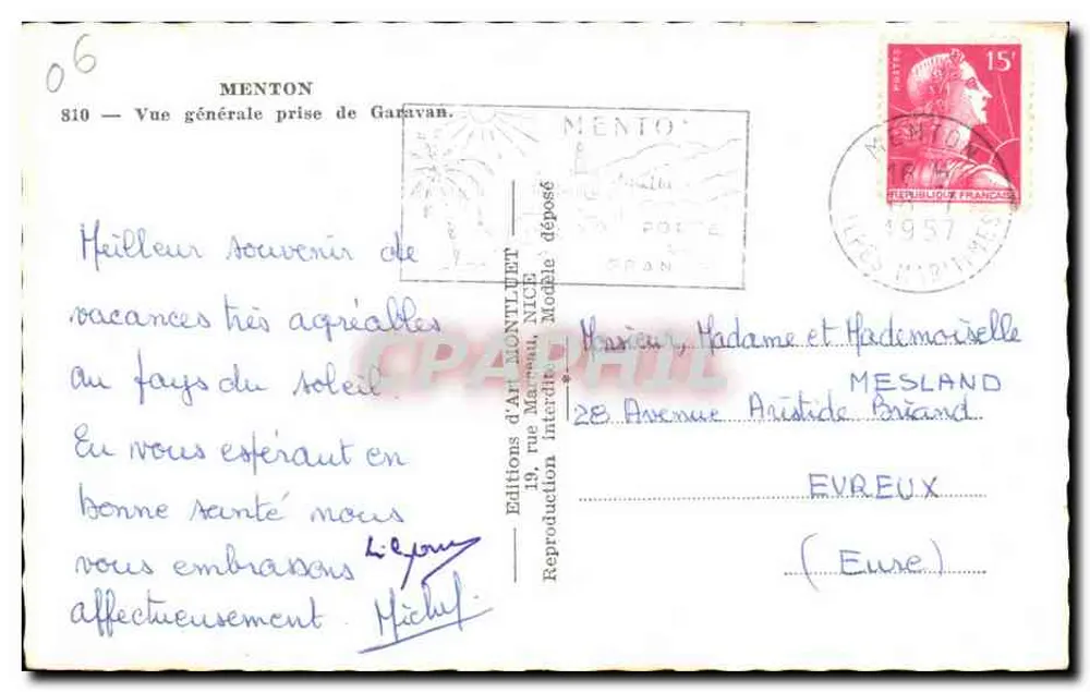 Menton — Vista geral tirada de Garavan — Éditions d'Art Montillet - Verso