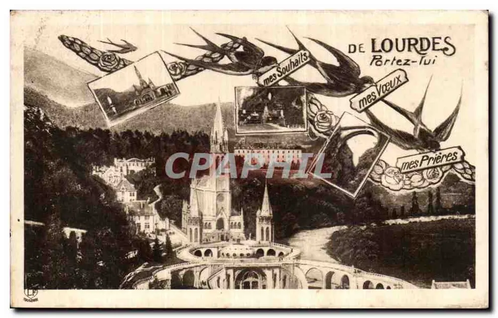 Lourdes — Ansicht der Basilika und des Heiligtums — Héliogravure Laboucarières, Toulouse - Vorderseite