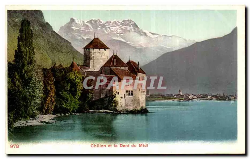Chillon et la Dent du Midi — vue du château sur le lac avec montagne en arrière-plan — éditeur non identifié, n° de série 978 - Awers