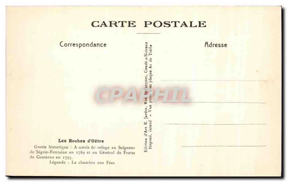 As Rochas d'Oêtre — A Gruta — Edição de Arte E. Jardin, Rue St Jacques, Condé-sur-Trêfle - Verso