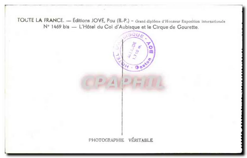 L'Hôtel du Col d'Aubisque und der Cirque de Gourette — Éditions JOVÉ, Pau - Rückseite