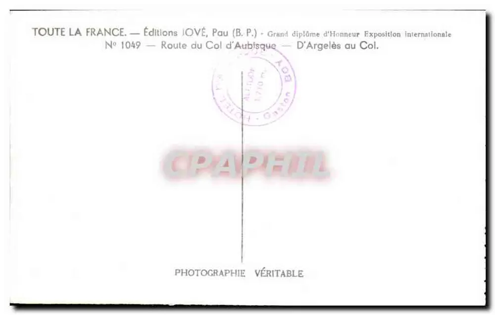 Estrada do Col d'Aubisque — Edições IOVÉ, Pau (B.P.) — N° 1049 - Verso