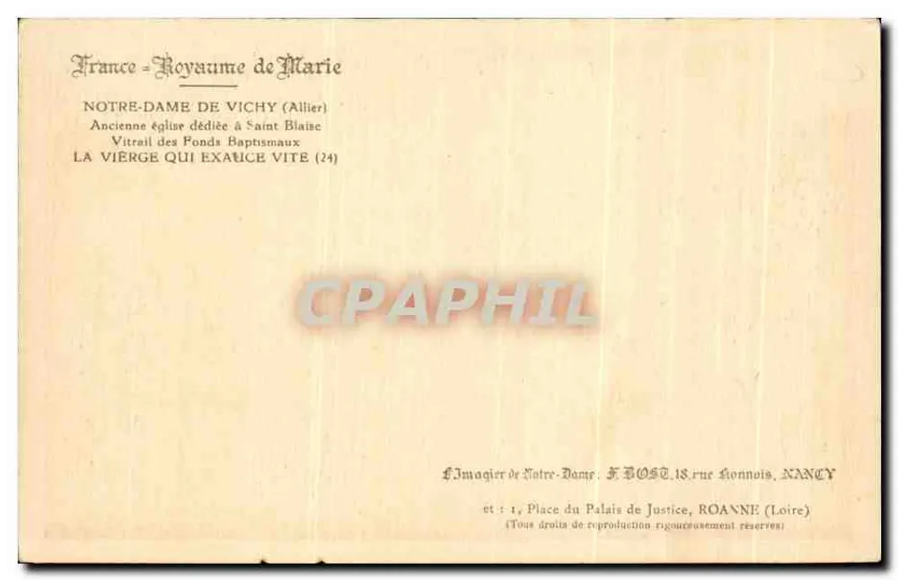 Die Schnellhelfende Jungfrau — Glasfenster der ehemaligen Kirche von Vichy (Allier) — F. Host - Rückseite