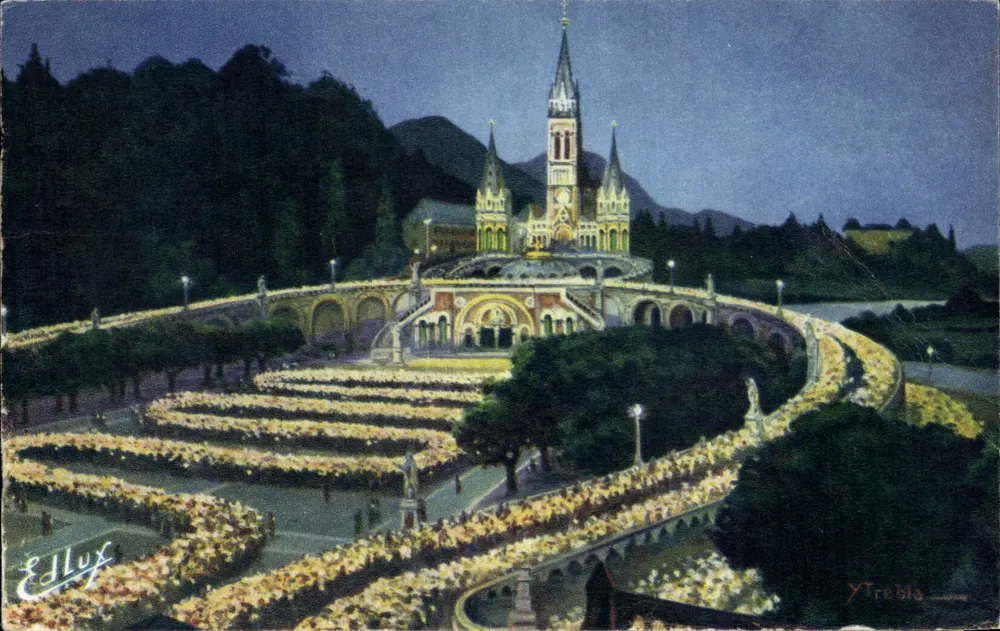 Lourdes — Die beleuchtete Basilika und die Fackelprozession — Édition P. Doucet, n°256 - Vorderseite