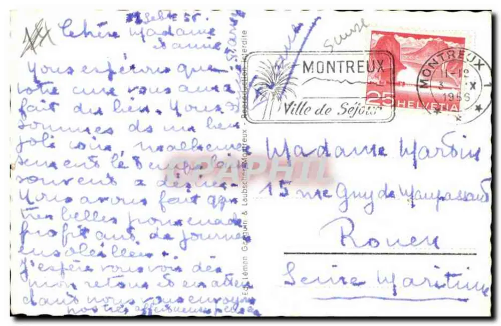 Montreux — vista do lago e do castelo — Cidade de Séjou — editor não visível - Verso