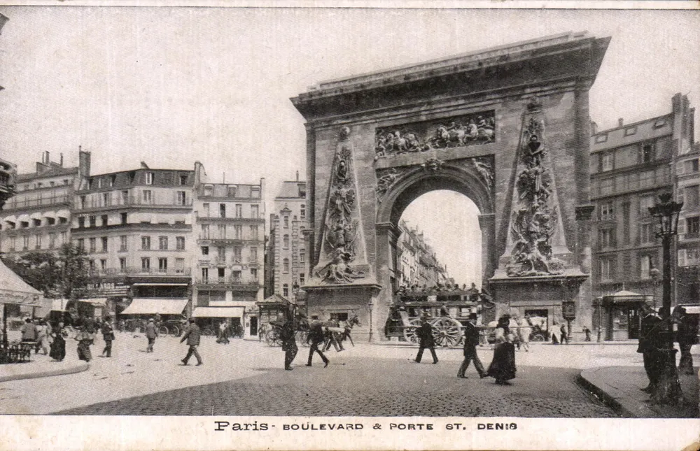 Paris - Boulevard e Porta Saint-Denis — editor E. Gruau em Cholet - Frente