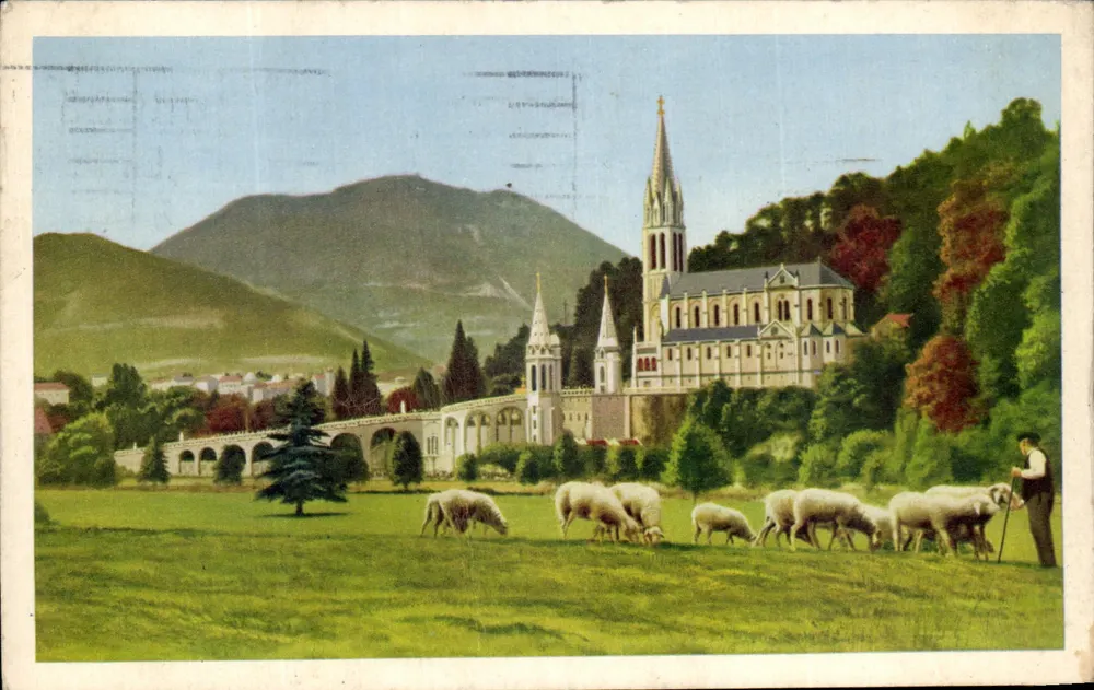 Lourdes — Ansicht der Basilika von der Wiese vor der Grotte — Verleger Lourdes, Nr. 26 - Vorderseite