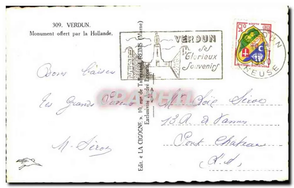 Denkmal zur Ehre von Verdun — Geschenkt von den Niederlanden — Verlag André Dugenne, Nr. 309 - Rückseite