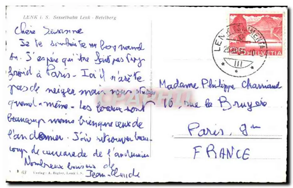 Lenk i. S. - Sesselbahn Lenk-Betelberg — editor A. Bigler, n° 63 - Verso