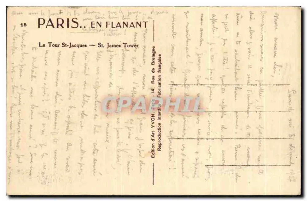 A Torre St-Jacques — Torre de São Tiago — Edição de Arte YVON, Paris - Verso
