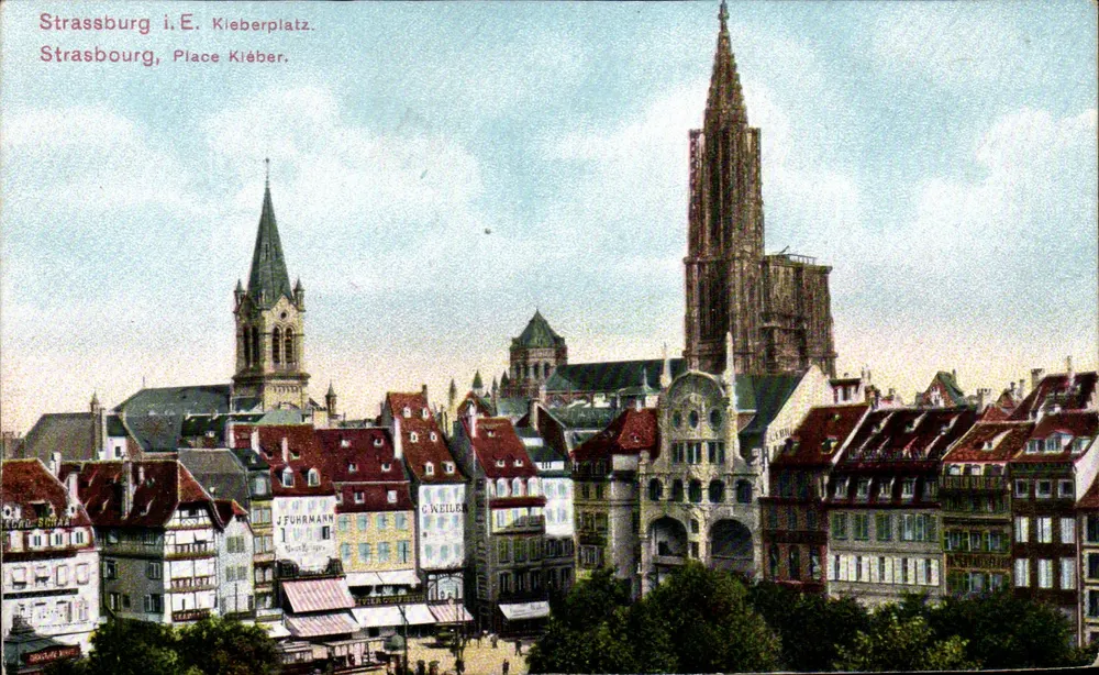 Estrasburgo, Praça Kléber — vista da catedral e do bairro — editor G. Weiller - Frente