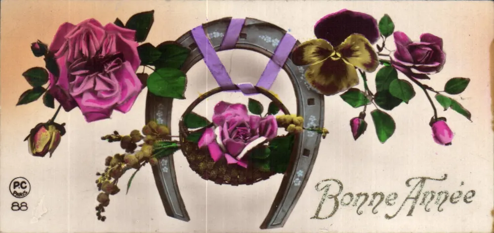 Frohe Neujahr — Eisenhacke mit Rosen und Veilchen — PC PARIS 88 - Vorderseite