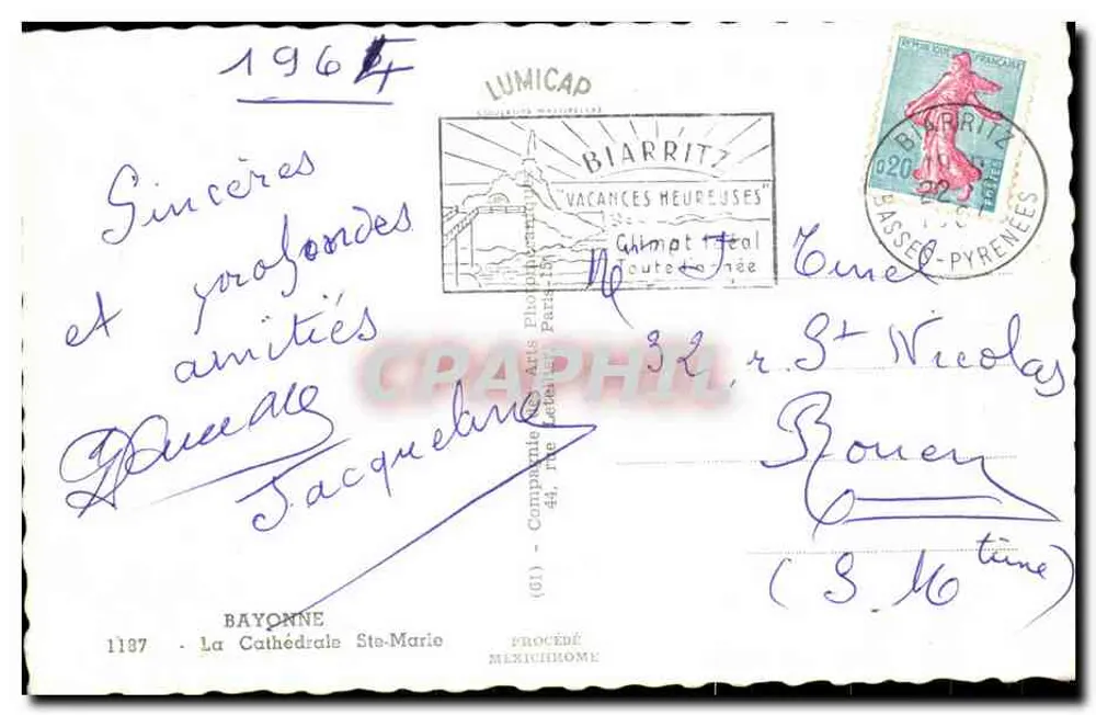 Bayonne - A Catedral de Santa Maria — editor LUMICAP, processo MEXICHRome - Verso