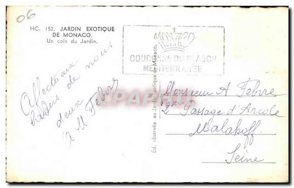Exotischer Garten von Monaco — Ein Eckbereich des Gartens — HC. 152 — Verlag: Couronne du Plagon Méditerranée - Rückseite