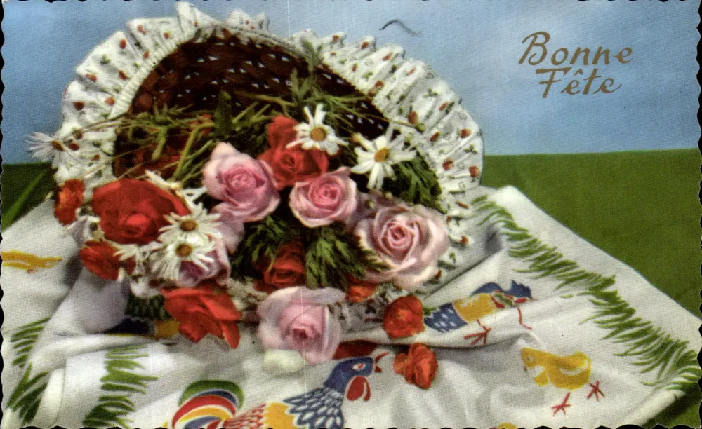 Blumenstrauß aus Rosen und Mohnblumen — Frohe Geburtstagskarte — unbekannter Verlag - Vorderseite