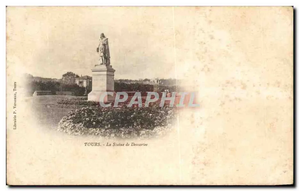 Tours — Estátua de Descartes — Livraria P. Veneuax, Tours - Frente