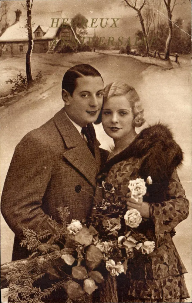 Couple en hiver — scène de rue enneigée avec maison — S.D.M. PARIS - Vorderseite