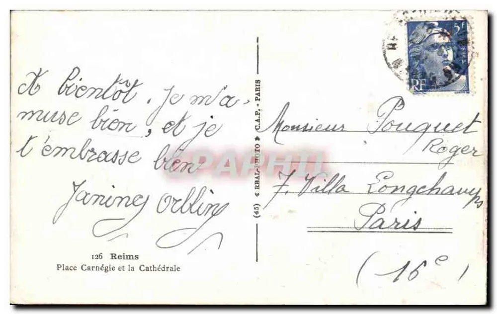 Reims — Praça Carnégie e a Catedral — C.A.P. Paris - Verso
