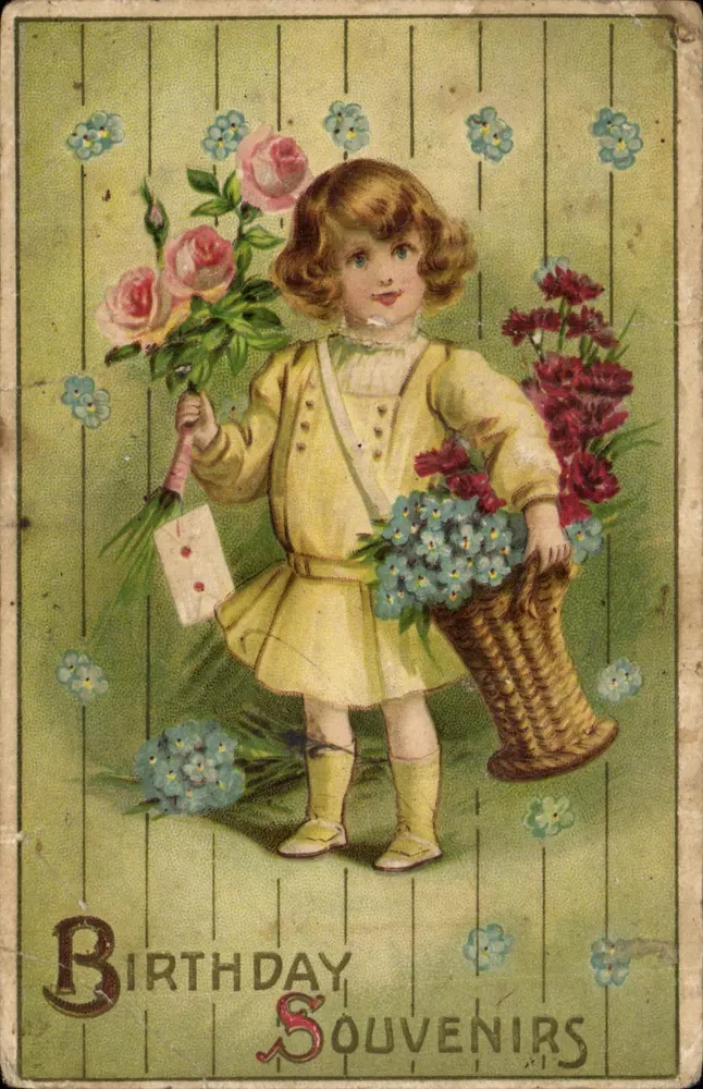 Fille avec bouquet et panier de fleurs — Birthday Souvenirs — Imprimé sur la carte, n° 2283 - Frente