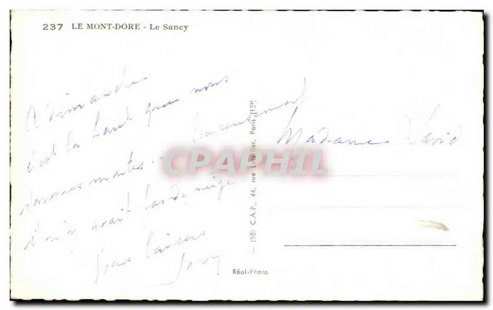 Mont-Dore — O Sancy — Réal-Photo, n° 237 - Verso