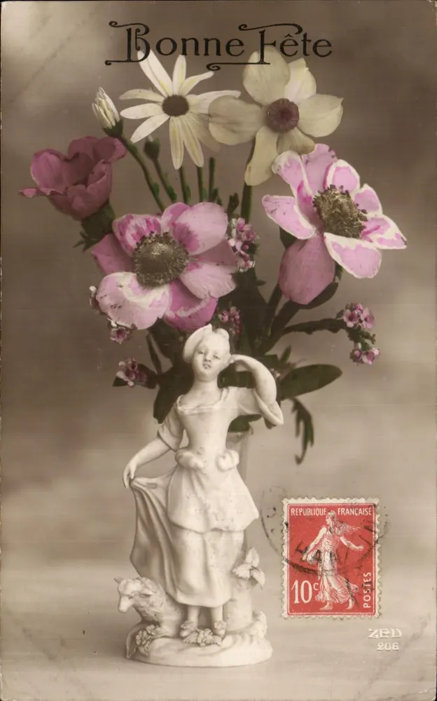 Blumenstrauß und Statue — Frohe Geburtstagskarte — Verlag ZED, Nr. 206 - Vorderseite