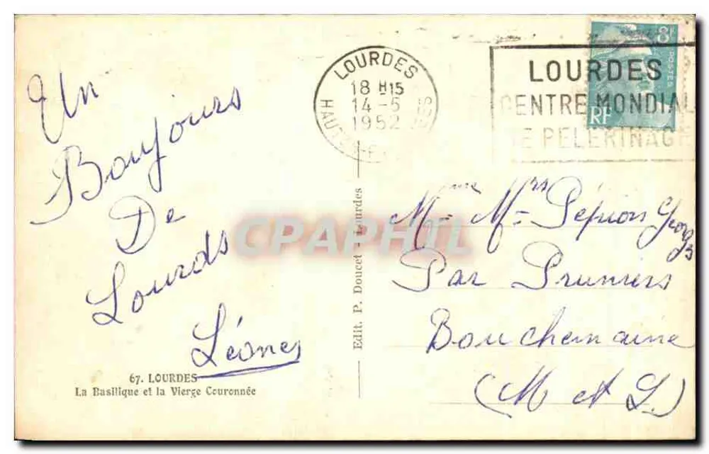 Die Basilika und die gekrönte Jungfrau — Lourdes — Edit. P. Doucet, Nr. 67 - Rückseite