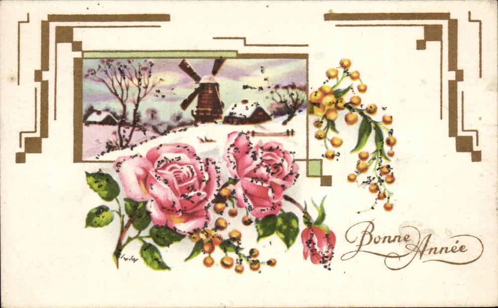 Winterlandschaft mit Windmühle — Rosen und Beeren — Text 'Guten Jahresbeginn' — unbekannter Verlag, Seriennummer nicht sichtbar - Vorderseite