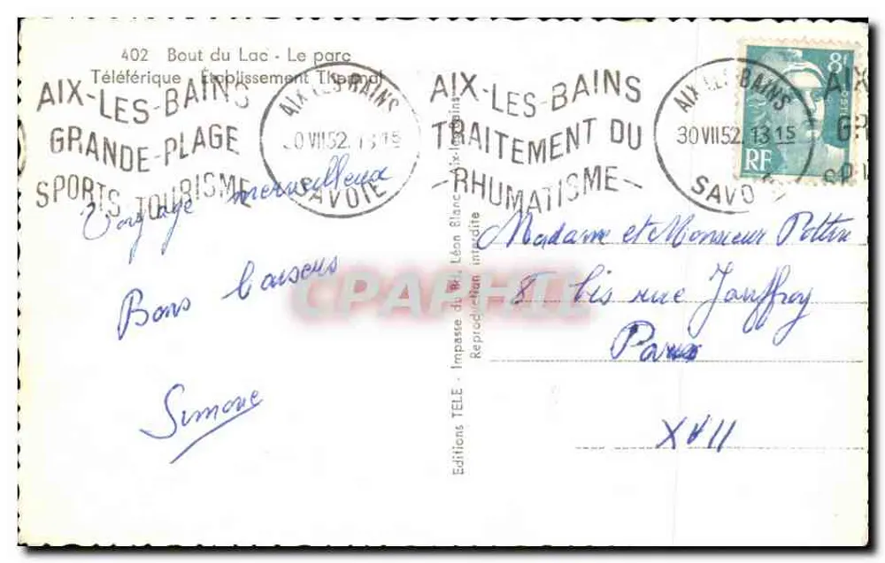 Aix-les-Bains — Lembrança de Aix-les-Bains — Edições Léon Blanc - Verso