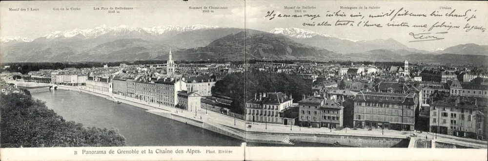Panorama von Grenoble und die Alpenkette — Blick auf den Fluss, die Berge der Coche und der Salette, Verlag Rivière, n° n - Vorderseite