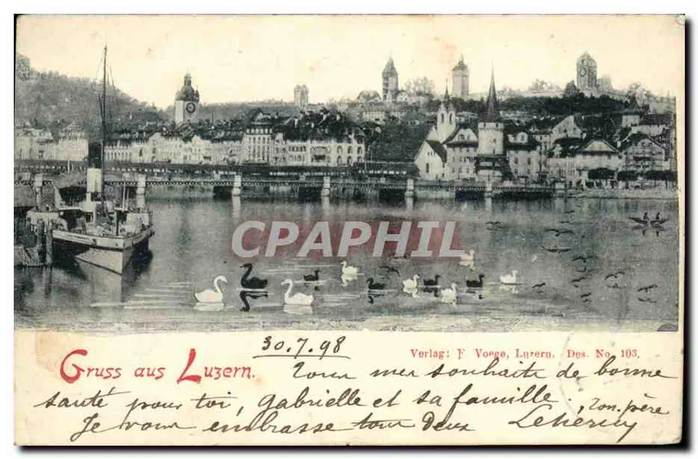 Luzern — Ansicht des Sees mit Schwänen — Verlag F. Voegel, Luzern, Dos. Nr. 103 - Vorderseite