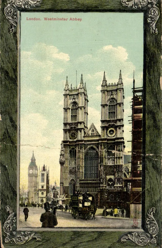 Westminster Abbey — vue des tours et du clocher de Big Ben — éditeur Tuck & Sons - Frente