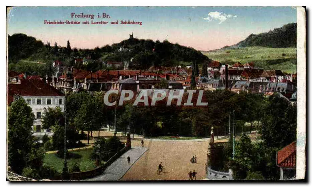Freiburg i. Br. — Friedrichs-Brücke con Loretto e Schönberg — editore non identificato - Recto