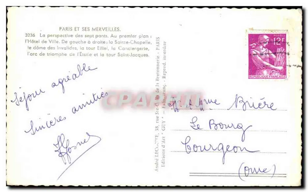 Paris — vue aérienne des toits et de la Tour Eiffel — éditeur André LECOUTE GUY, n° 3236 - Verso