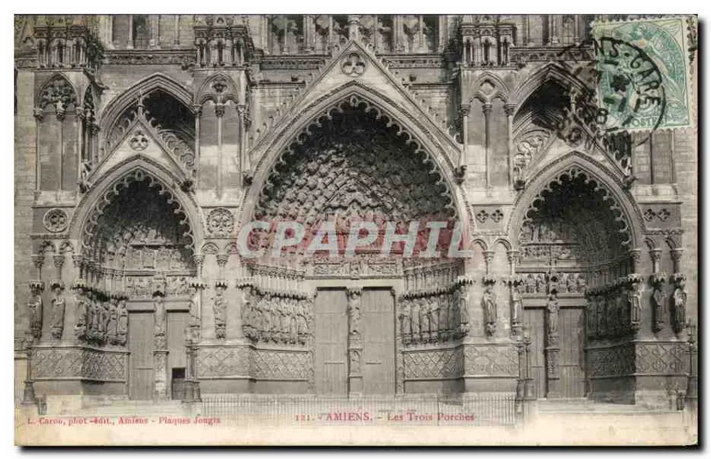 Amiens - De Drie Portalen — L. Carou, fotograaf-uitgever, Amiens - Plaques Jongras, n° 121 - Voorkant