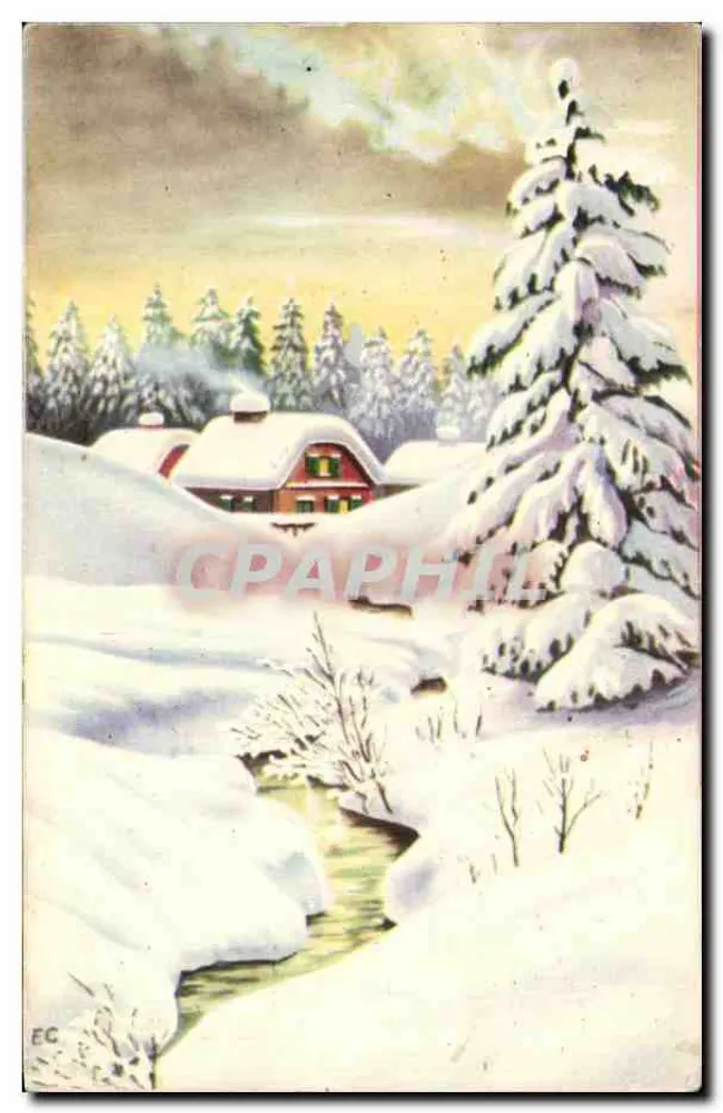 Winterlandschaft — schneedecktes Haus mit Wald — Verlag EC - Vorderseite