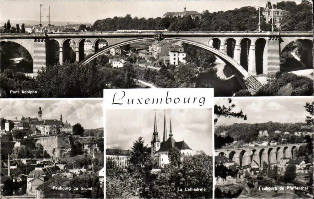 Luxemburg — Pont Adolphe, Faubourg du Grund, Die Kathedrale, Faubourg du Pfaffenthal — Messageries Hell RAUS - Vorderseite