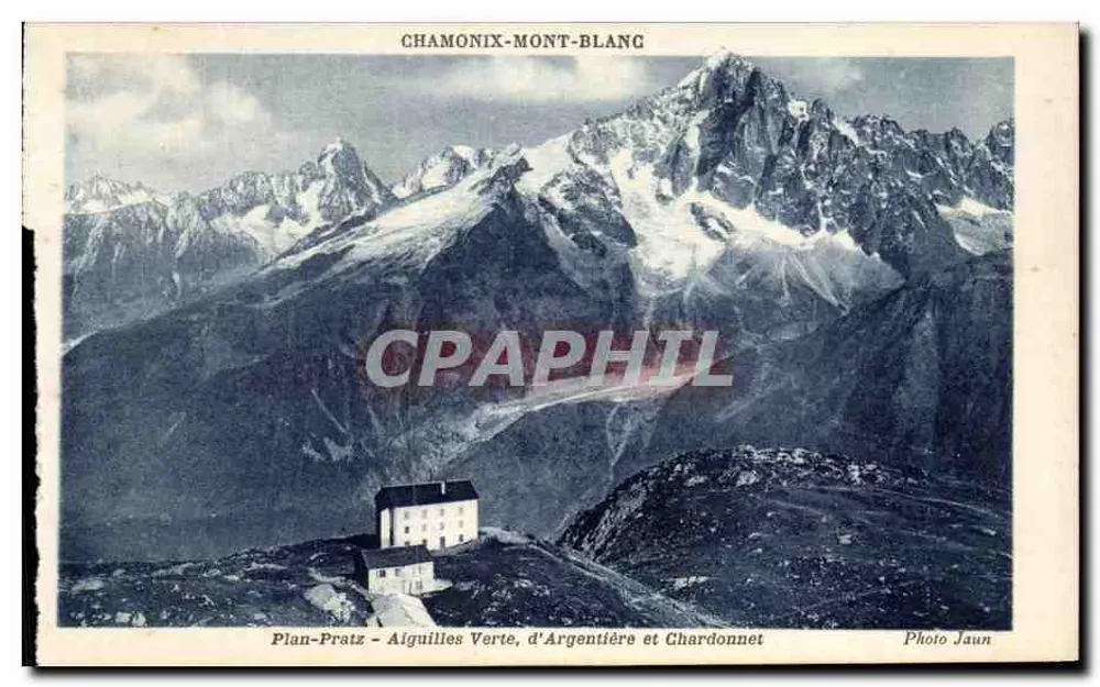 Chamonix-Mont-Blanc — Ansicht von Plan-Pratz, den Grünen Nadeln, Argentière und Chardonnet — Photo Jaun - Vorderseite