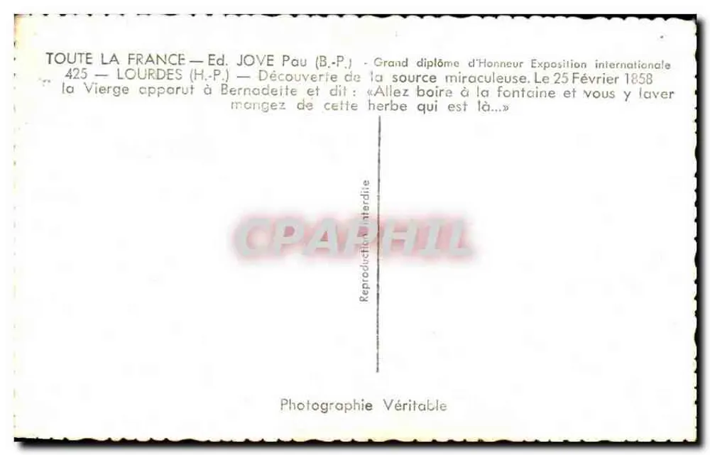 Lourdes — Aparecida da Virgem — Ed. JOVE Pau, n°425 - Verso