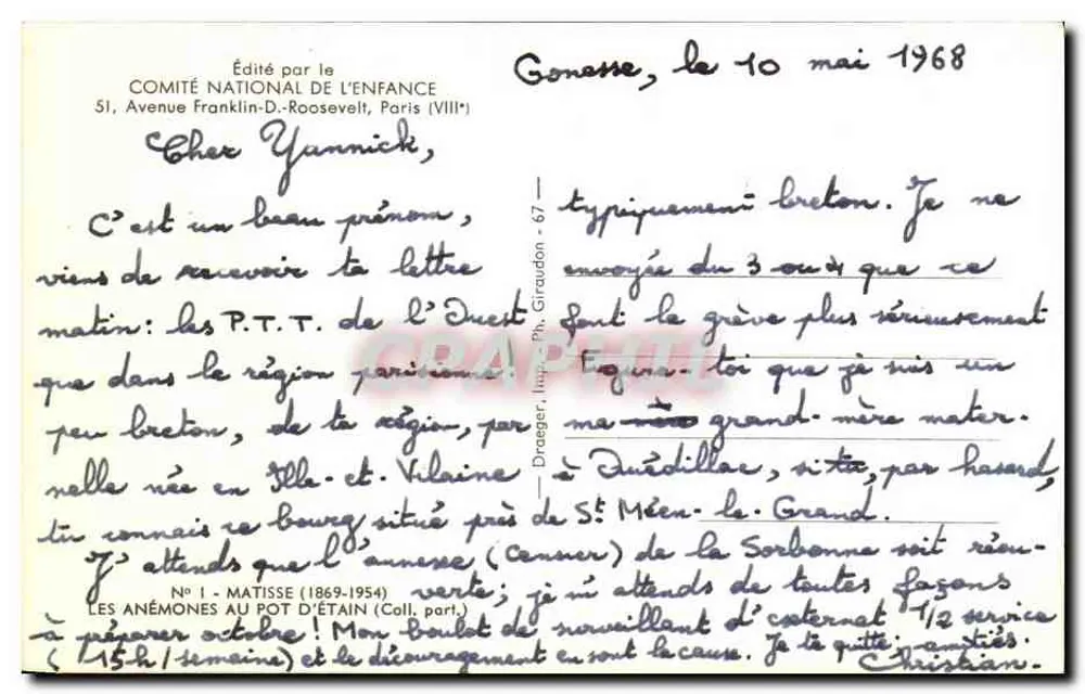 Anemoni nel vaso di stagno — Matisse (1869-1954) — Edito dal Comitato Nazionale per l'Infanzia - Verso